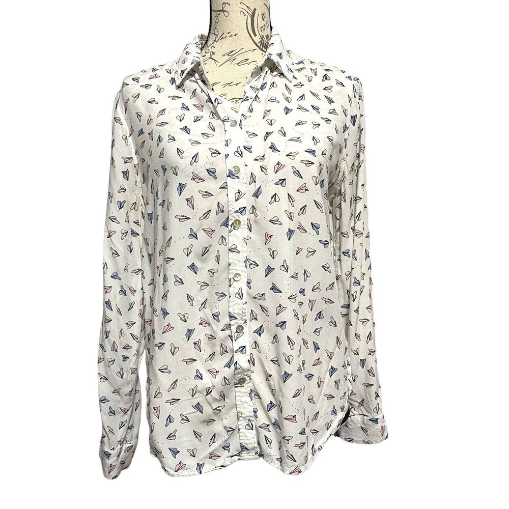 Anthropologie Jane and Delancey Paper Airplane Print Roll Sleeve Top Size Medium